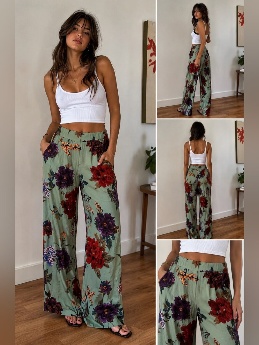H&M Sage Green Wide-Leg Floral Pants with Red & Purple Blooms